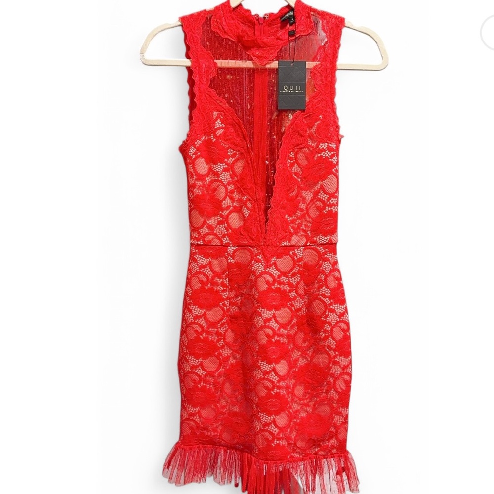 Bright red sexy mesh back with lace sleeveless dress